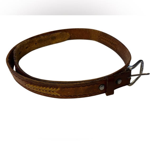 Brown Leather Belt with Silver Buckle and Decorative Braided Stitching - Picture 1 of 8